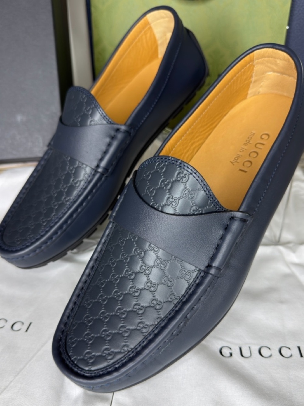 GUCCI Navy GG Microguccissima Leather Driver Loafer Size IT 6 Box Made Italy New